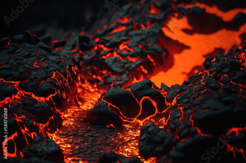 An illustration of lava flowing between the cracks in volcanic rock. Created with Generative AI