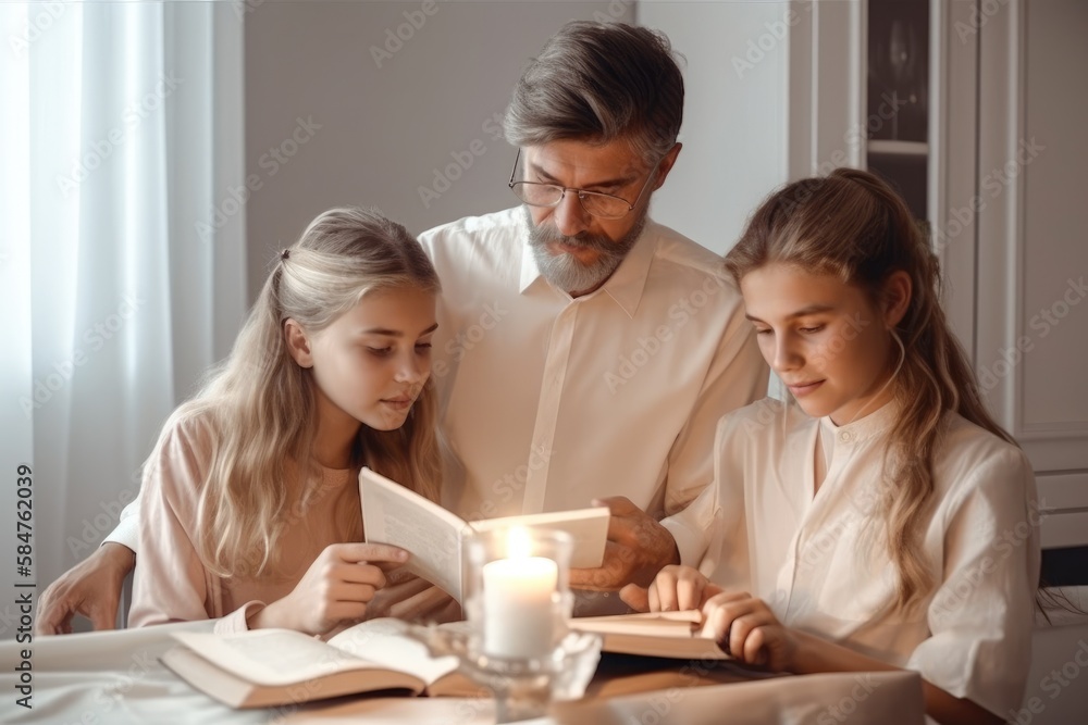 Family gathered to study the Bible book father and daughters Generative AI Illustration Family gathered to study the Bible book father and daughters Generative AI Illustration