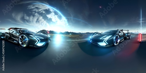 Photo of two sleek and modern vehicles speeding down a dark road at night