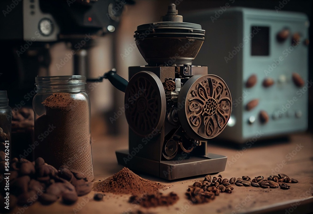 grinder coffee machine. Coffee beans inside the machine hopper of