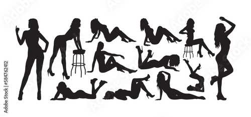 Group sexy women in various poses silhouette vector set.