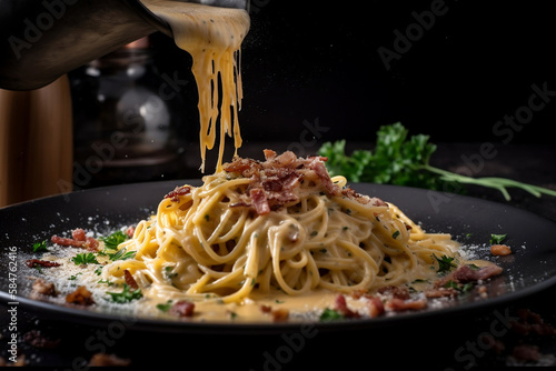 A tantalizing photograph of a creamy, classic spaghetti carbonara, featuring al dente spaghetti coated in a velvety sauce made from eggs, cheese, and pancetta, garnished with a sprinkle of freshly cra photo