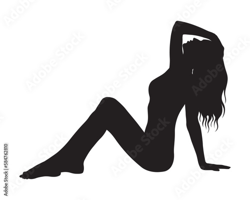 Sexy bikini woman hand holding hair side view silhouette vector.
