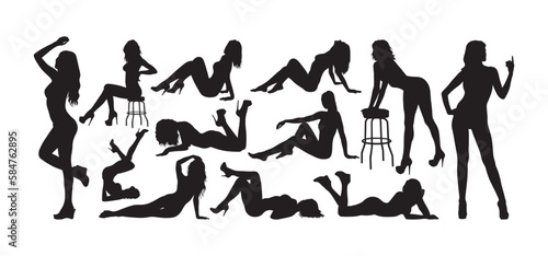 Sexy women posing striptease silhouette set.