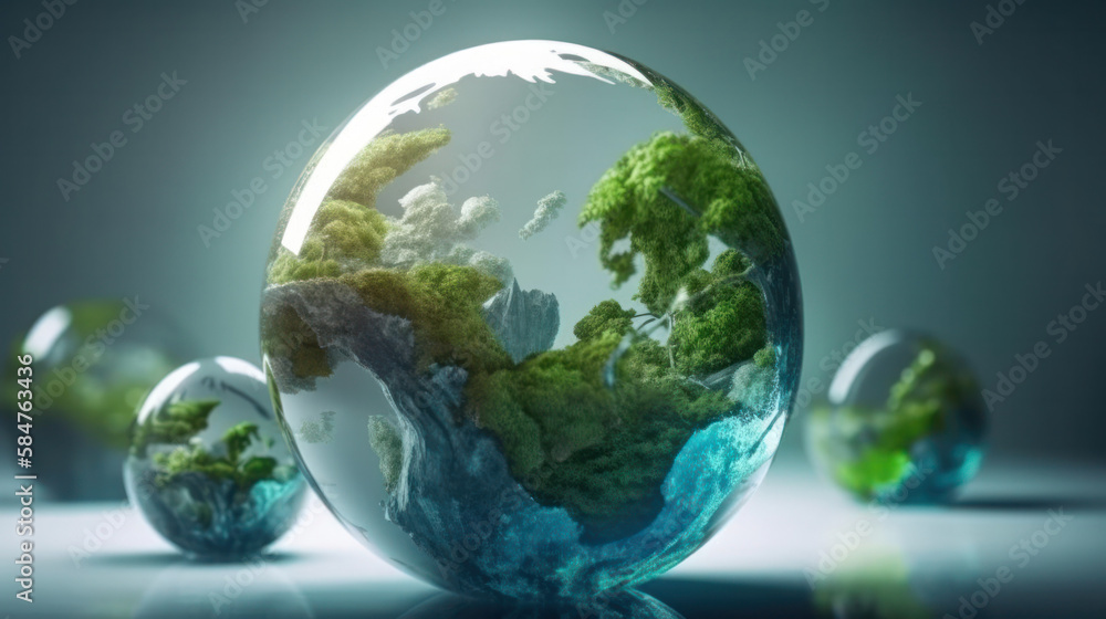 Water drop in the form of green planet earth. Earth day concept. Saving environment. Generative AI