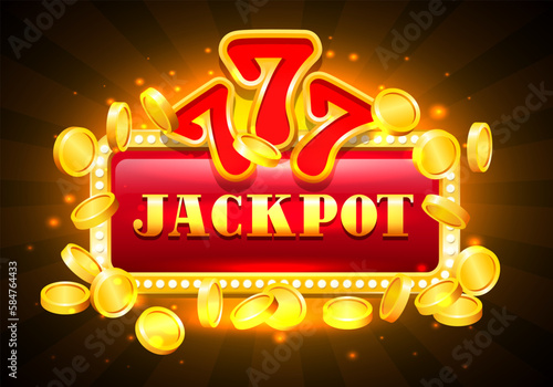 Jackpot. The inscription Jackpot on a red background with a gold frame, paws and gold coins.