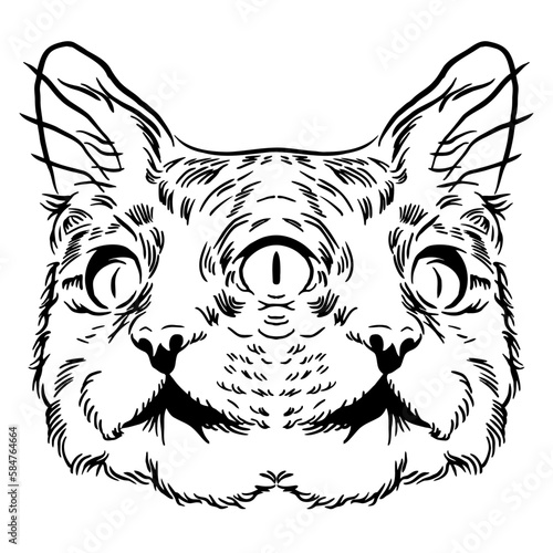 Black mystic face cat three eyes witch tattoo icon flat vector design.