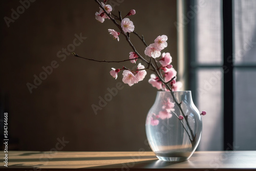 Fresh sakura cherry blossom bouquet flowers in vase, modern japan house backgound. Generative AI photo