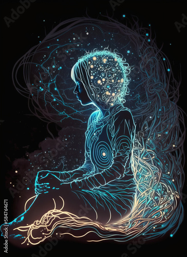Luminescent abstract human meditating in a sitting pose. Energy esoteric yogi practice watercolor digital art generative ai