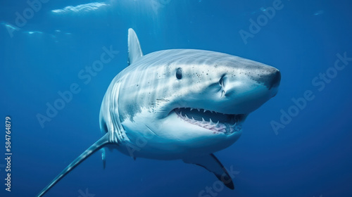 Great white shark swimming underwater deep in the sea ocean. Generative AI