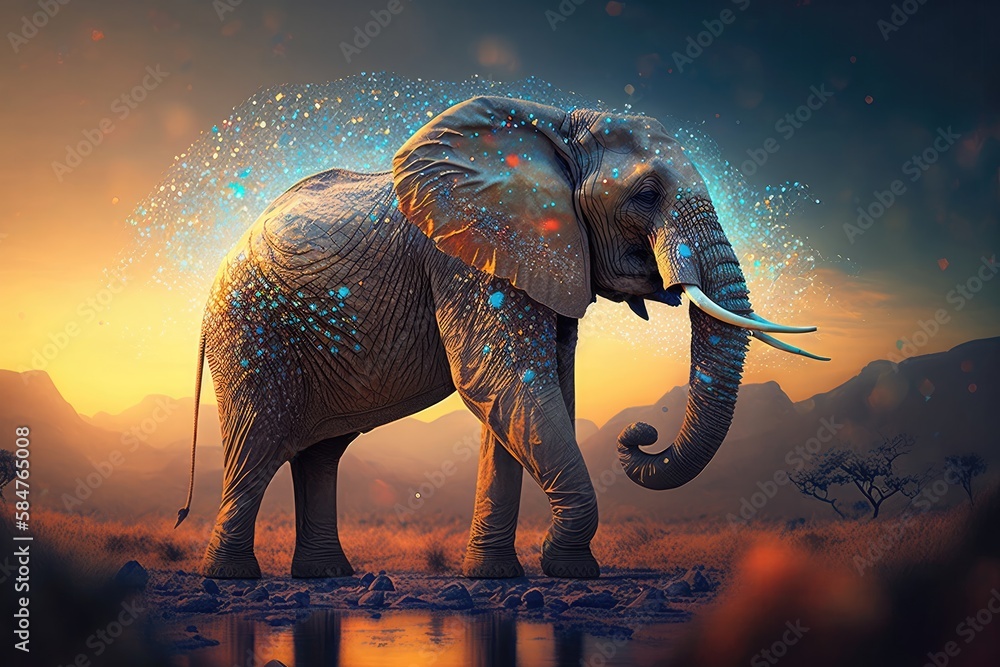 Fototapeta premium Beautiful elephant animal realistic wildlife nature background, safari illustration Generative AI