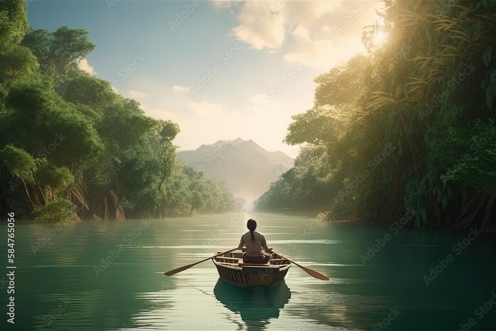A man floats in a boat on the river among of the rainforest, Beautiful jungle nature realistic background wallpaper illustration Generative AI A man floats in a boat on the river among of the rainforest, Beautiful jungle nature realistic background wallpaper illustration Generative AI