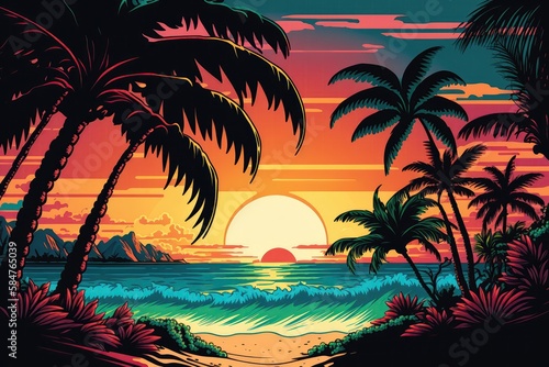 Beach beautiful palm sea sunset  ocean summer colorful retro landscape illustration Generative AI