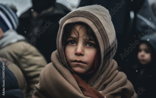 Refugee child, immigration problem concept. Intense gaze of a young refugee wrapped in warm clothing, reflecting the resilience and hardships faced.