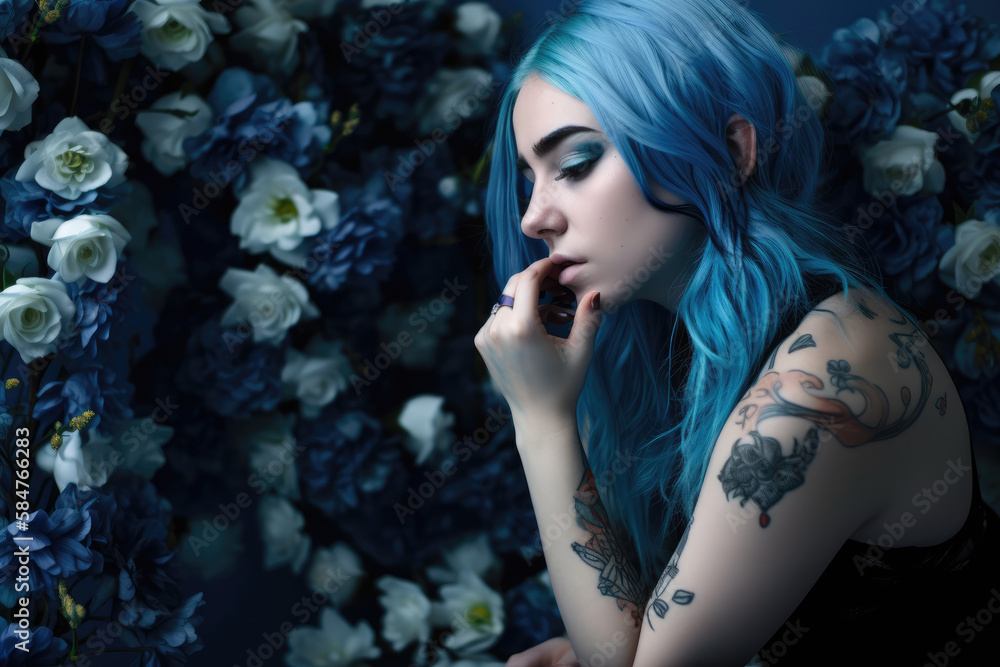 Sad blue beautiful haired girl with tattoos, side view, on a flower background with copy space, generative ai Sad blue beautiful haired girl with tattoos, side view, on a flower background with copy space, generative ai