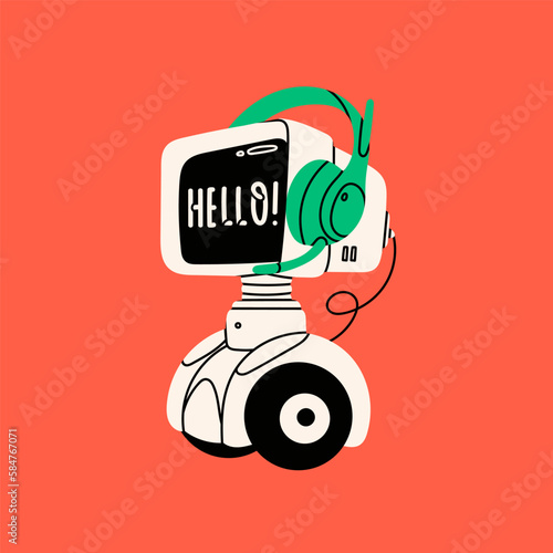White Robot with monitor head and headphones. Cute artificial robotic character. Hand drawn Vector illustration. Futuristic retro android. Cartoon style. Isolated design element. Customer care concept