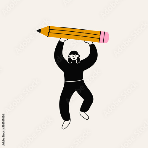 Girl with a large Pencil. Young person holding big pencil. Cute funny isolated character. Cartoon style. Hand drawn Vector illustration. Drawing, writing, creating, design, blogging concept