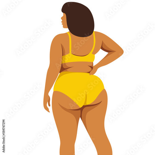 vector illustration on the theme of body positive. juicy fat girl stands with her back and is not shy about fat folds on her body. isolated on white background. love and accept your body.love yourself