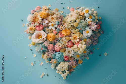 Top view arrangement of colorful flowers with heart shape placed on blue background. Generative AI photo