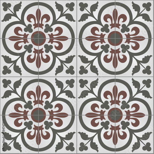 Ceramic Tiles. Hydraulic Portuguese and Spanish ceramic design. Floral decorative ornament.