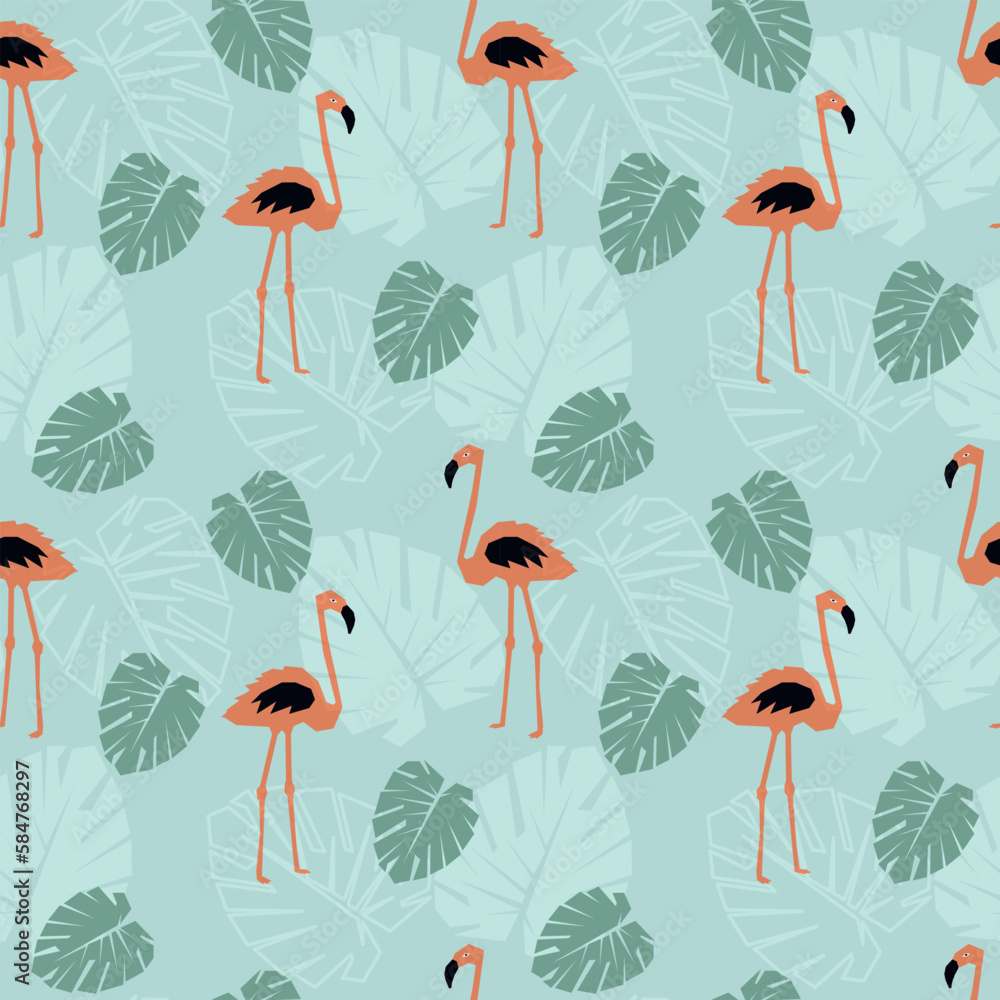 Obraz premium Exotic flamingo and tropical leaves on blue seamless pattern. Cute cartoon doodle design. Vector illustration.