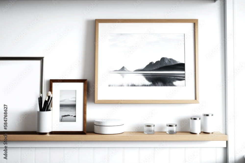 Fototapeta premium MOCKUP PHOTO FRAME Bright modern room interior with mock up photo frame, perfect fit for your art, print, or pictures Modern concept of shelves. Generative AI