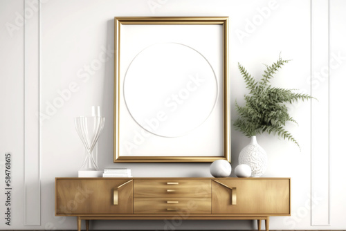 MOCKUP PHOTO FRAME Bright modern room interior with mock up photo frame, perfect fit for your art, print, or pictures Modern concept of shelves. Generative AI
