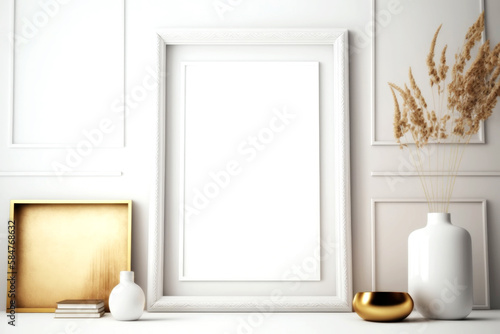 MOCKUP PHOTO FRAME  Bright modern room interior with mock up photo frame, perfect fit for your art, print, or pictures  Modern concept of shelves. Generative AI © neo