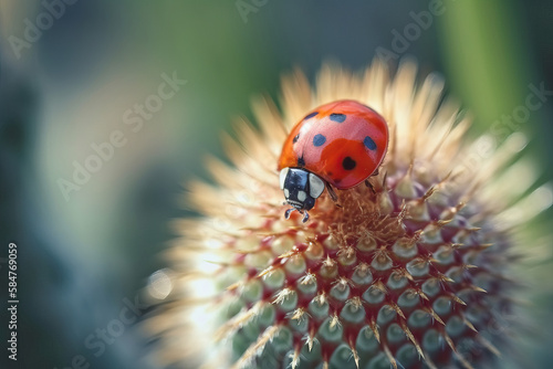 Macro photograph of a ladybug on a flower. Generative AI photo