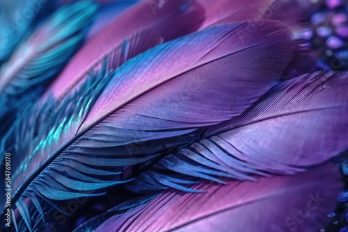 Macro photograph of some blue and purple feathers. Generative AI photo