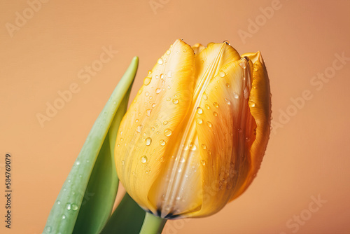 Macro photography of a yellow tulip. Generative AI photo