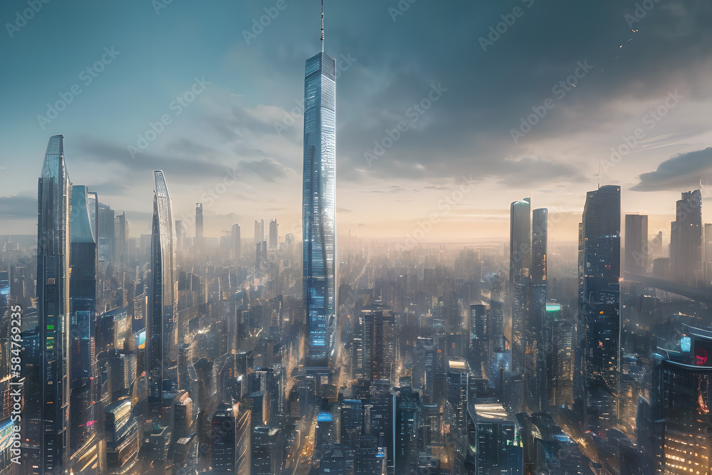 city skyline at dusk bird eye view Generative AI