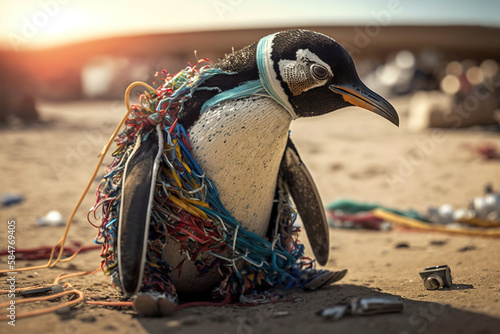 Generative AI illustration of poor penguin in net with various garbage representing concept of environmental pollution photo