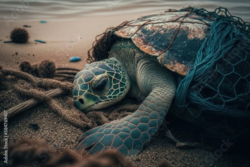 Generative AI illustration of wild tropical marine turtle in net on sandy beach representing concept of environmental pollution photo