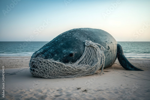 Generative AI illustration of big heavy whale with net on sandy beach representing concept of environmental pollution photo