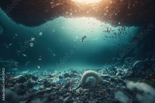 Generative AI illustration of different types of garbage swimming in transparent water representing concept of environmental pollution photo