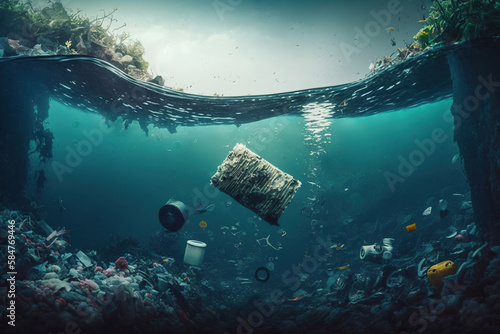 Generative AI illustration of different types of garbage swimming in transparent water representing concept of environmental pollution