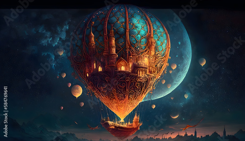 beautiful stunning fantasy whimsical matte digital illustration of a hot air balloon, generative ai