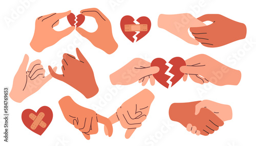 Reconciliation concept set. Cupid couple reconciles, broken heart. Restore love. Red broken heart in hands men and women