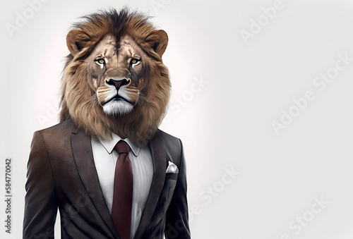 Lion in a suit. White shirt and tie on a white background. AI generated © Olena Dziuba