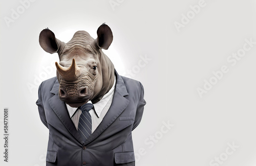  rhinoceros in a suit and tie on a gray background. AI generated