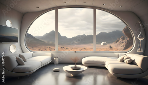 living room with sleek and modern space ship with a large window takes up an entire wall, generative ai