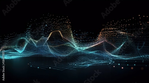 Abstract connected dots and lines. Concept of AI technology, Motion of digital data flow. Communication and technology network concept with moving lines and dots. 3D rendering - Generative AI