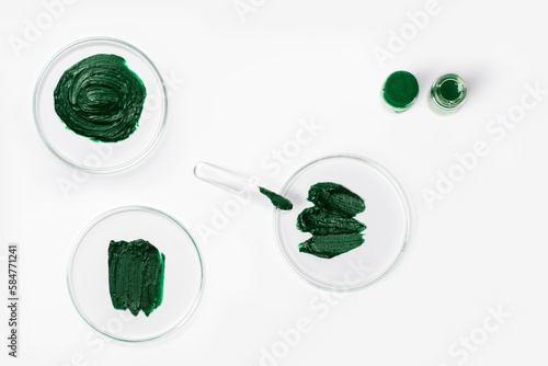 Spirulina mask or cream in a Petri dish. Cosmetic spatula. Spirulina powder in a jar. Spirulina oil or solution. On a white background.