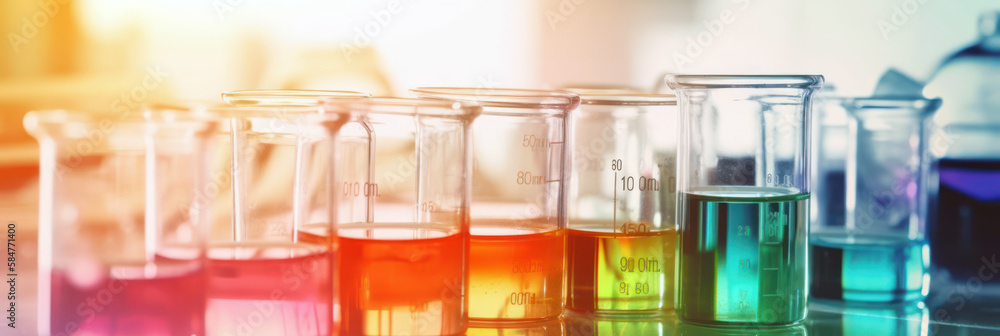 Laboratory glassware with liquid, close up view. Chemistry lab glass tubes, banner. Generative AI Laboratory glassware with liquid, close up view. Chemistry lab glass tubes, banner. Generative AI