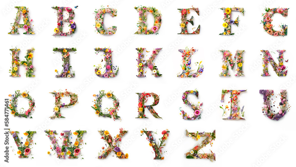 Naklejka premium Beautiful alphabet letters decorated with spring flowers, ideal for wedding invitations, greeting cards and postcards. Generative AI