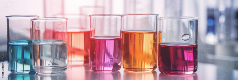 Laboratory glassware with liquid, close up view. Chemistry lab glass tubes, banner. Generative AI Laboratory glassware with liquid, close up view. Chemistry lab glass tubes, banner. Generative AI