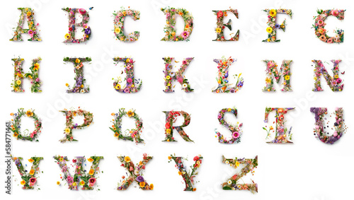 Beautiful alphabet letters decorated with spring flowers, ideal for wedding invitations, greeting cards and postcards. Generative AI
