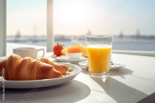 Breakfast with croissants, orange juice, coffee and fruit in a hotel overlooking the sea on a sunny morning. Generative AI