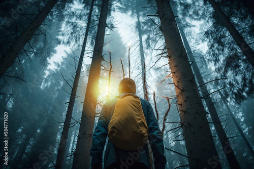 Rear view of a hiker with a backpack in the middle of a lush forest of tall trees, contemplating the immensity of nature. Respect for the environment. Generative AI